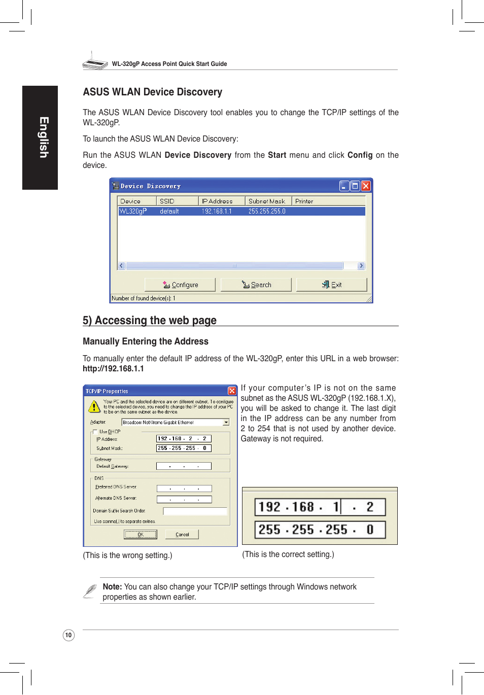 English, 5) accessing the web page, Asus wlan device discovery | Asus WL-320gP User Manual | Page 11 / 172