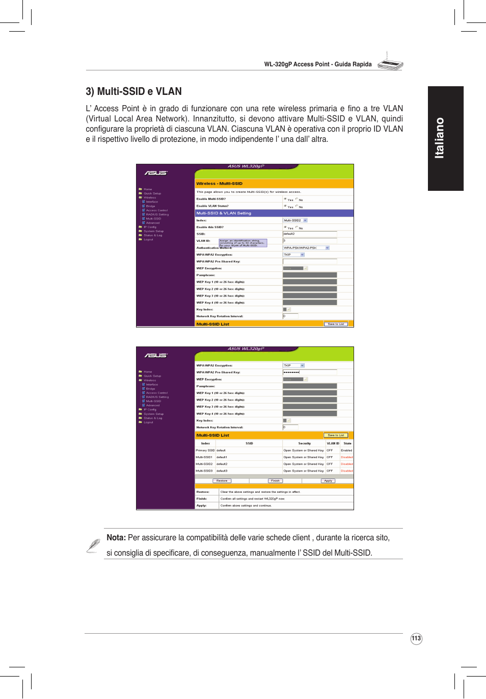 Italiano, 3) multi-ssid e vlan | Asus WL-320gP User Manual | Page 114 / 172