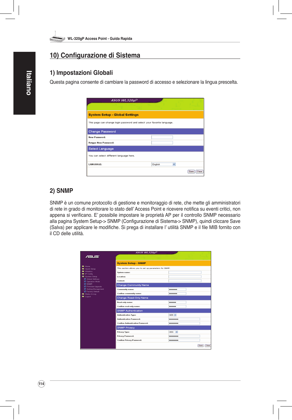 Italiano 10) configurazione di sistema | Asus WL-320gP User Manual | Page 115 / 172