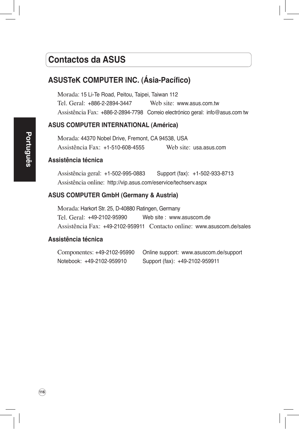 Contactos da asus, Asustek computer inc. (ásia-pacífico), Português | Asus WL-320gP User Manual | Page 117 / 172