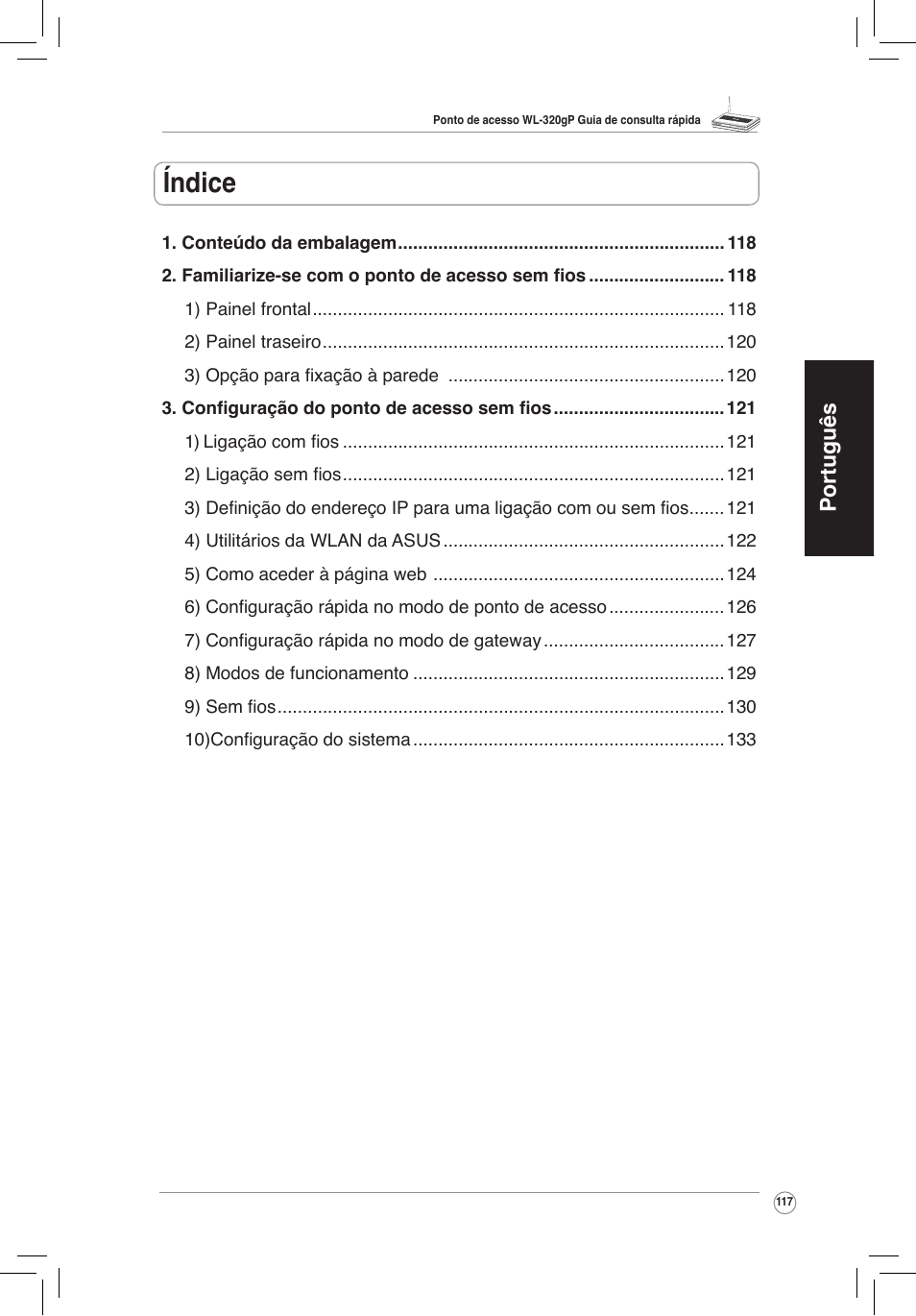 Índice, Português | Asus WL-320gP User Manual | Page 118 / 172