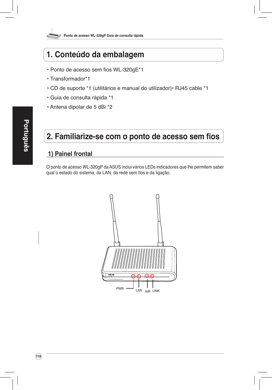 Português, 1) painel frontal | Asus WL-320gP User Manual | Page 119 / 172