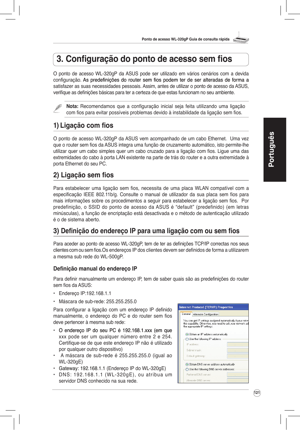 Configuração do ponto de acesso sem fios, Português, 1) ligação com fios | 2) ligação sem fios | Asus WL-320gP User Manual | Page 122 / 172