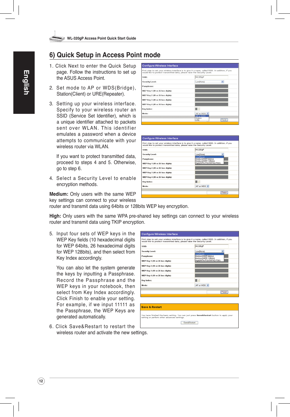 English 6) quick setup in access point mode | Asus WL-320gP User Manual | Page 13 / 172