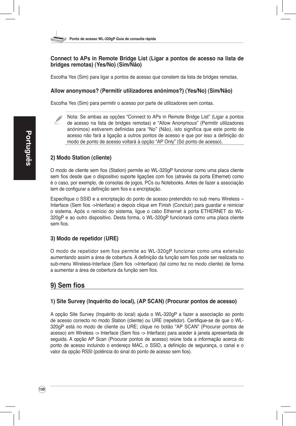 Português, 9) sem fios | Asus WL-320gP User Manual | Page 131 / 172