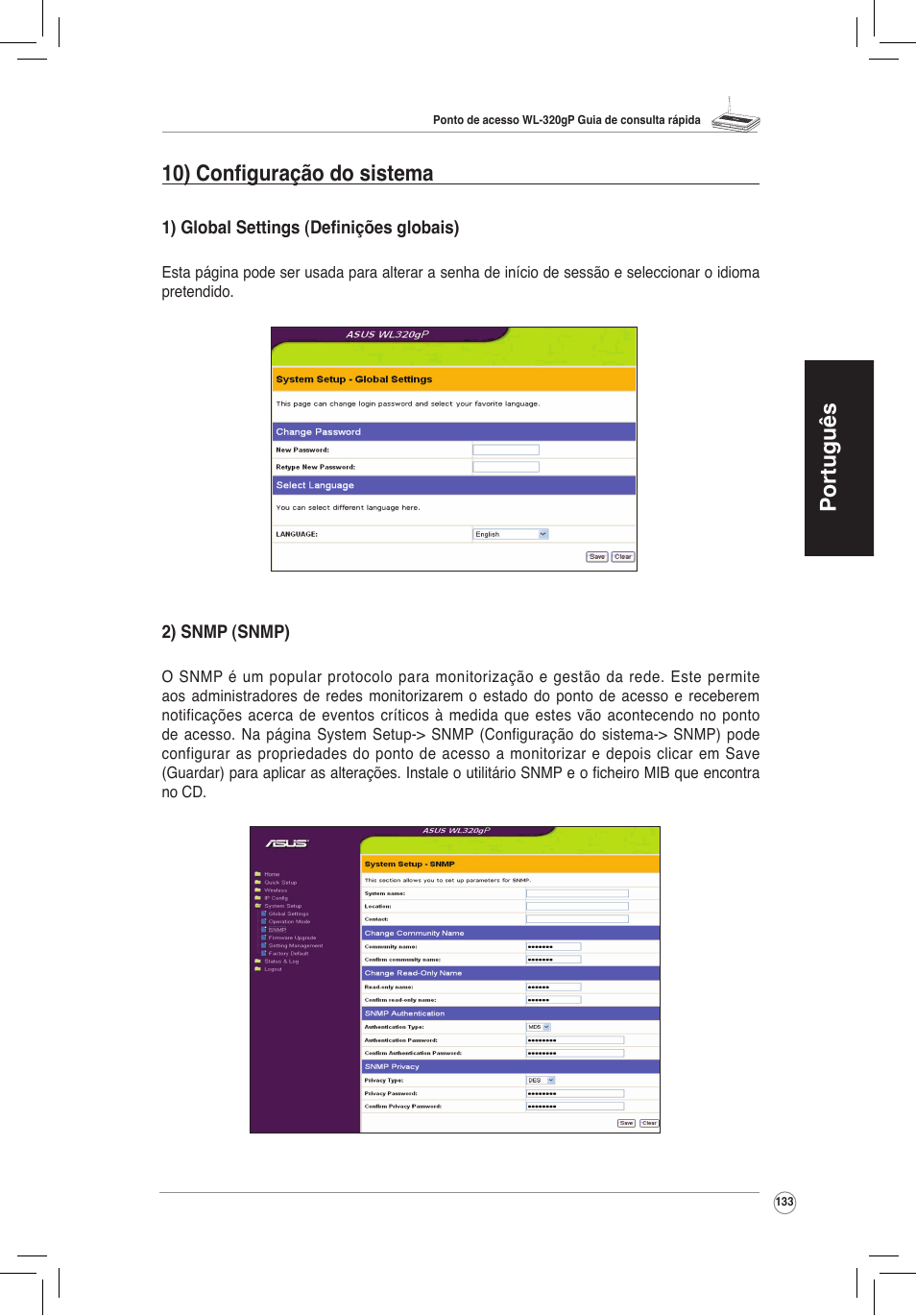 Português 10) configuração do sistema | Asus WL-320gP User Manual | Page 134 / 172