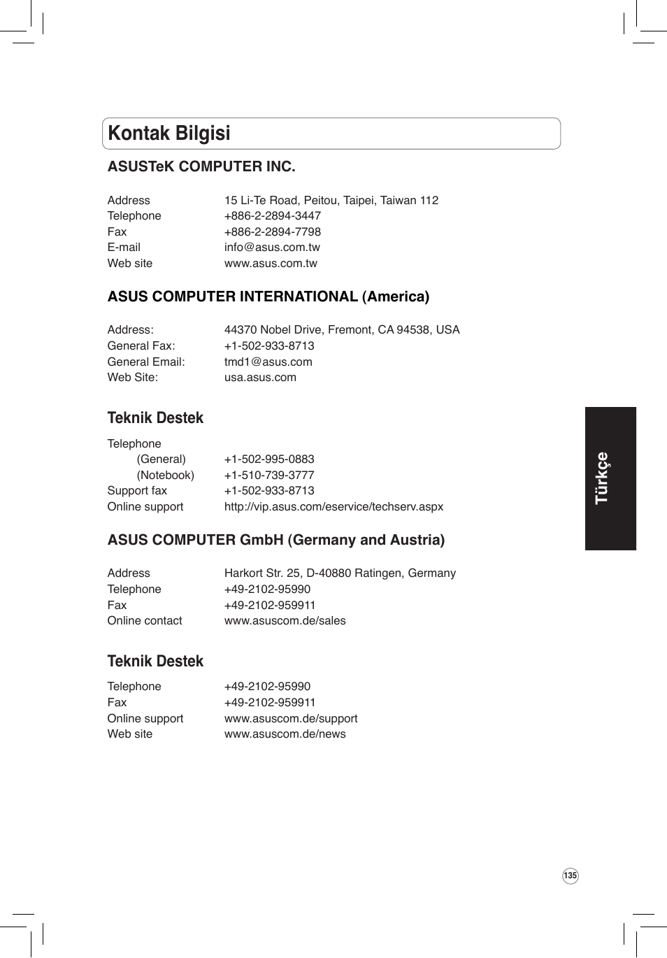 Kontak bilgisi, Teknik destek, Türkçe | Asus WL-320gP User Manual | Page 136 / 172