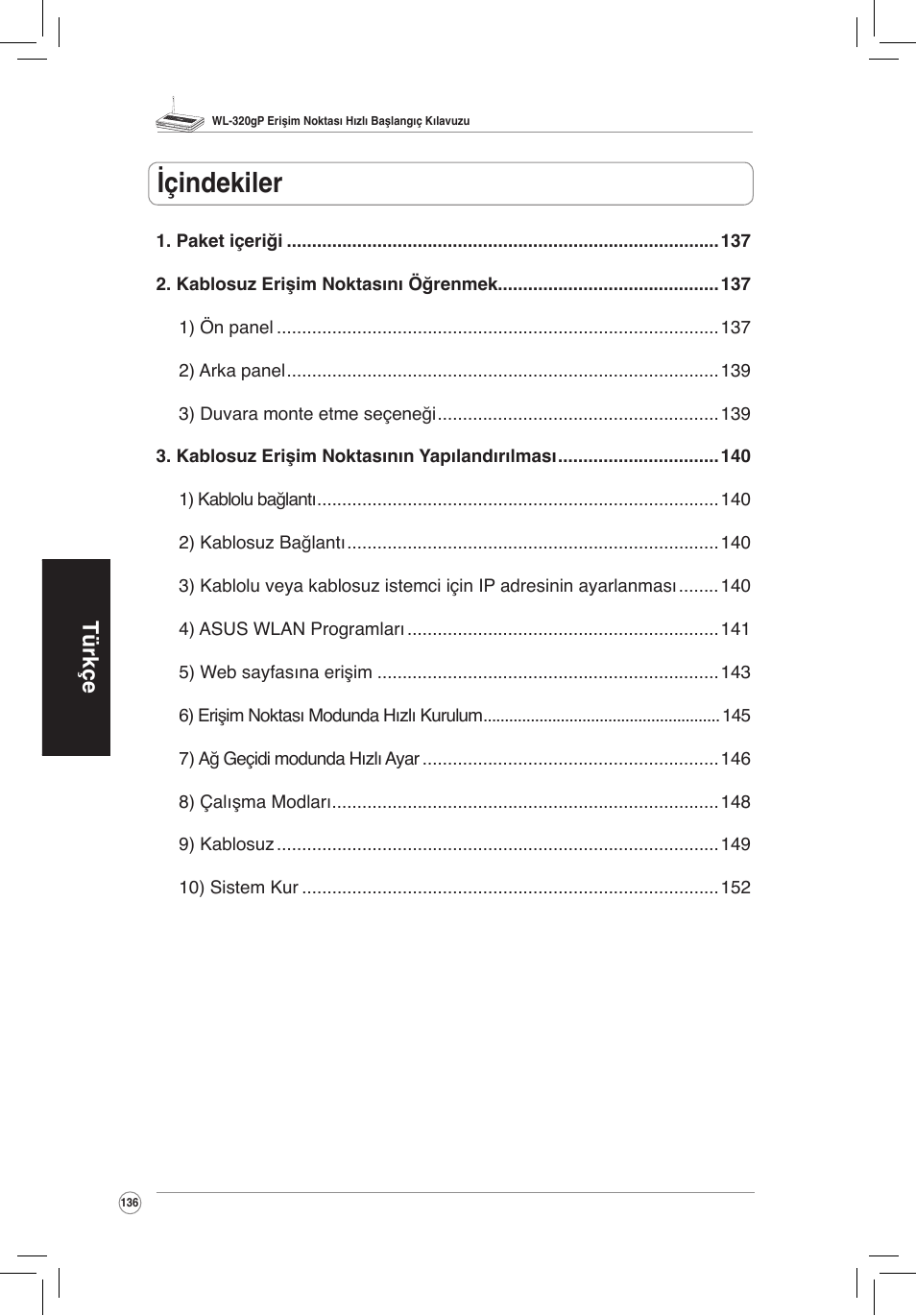 Içindekiler, Türkçe | Asus WL-320gP User Manual | Page 137 / 172