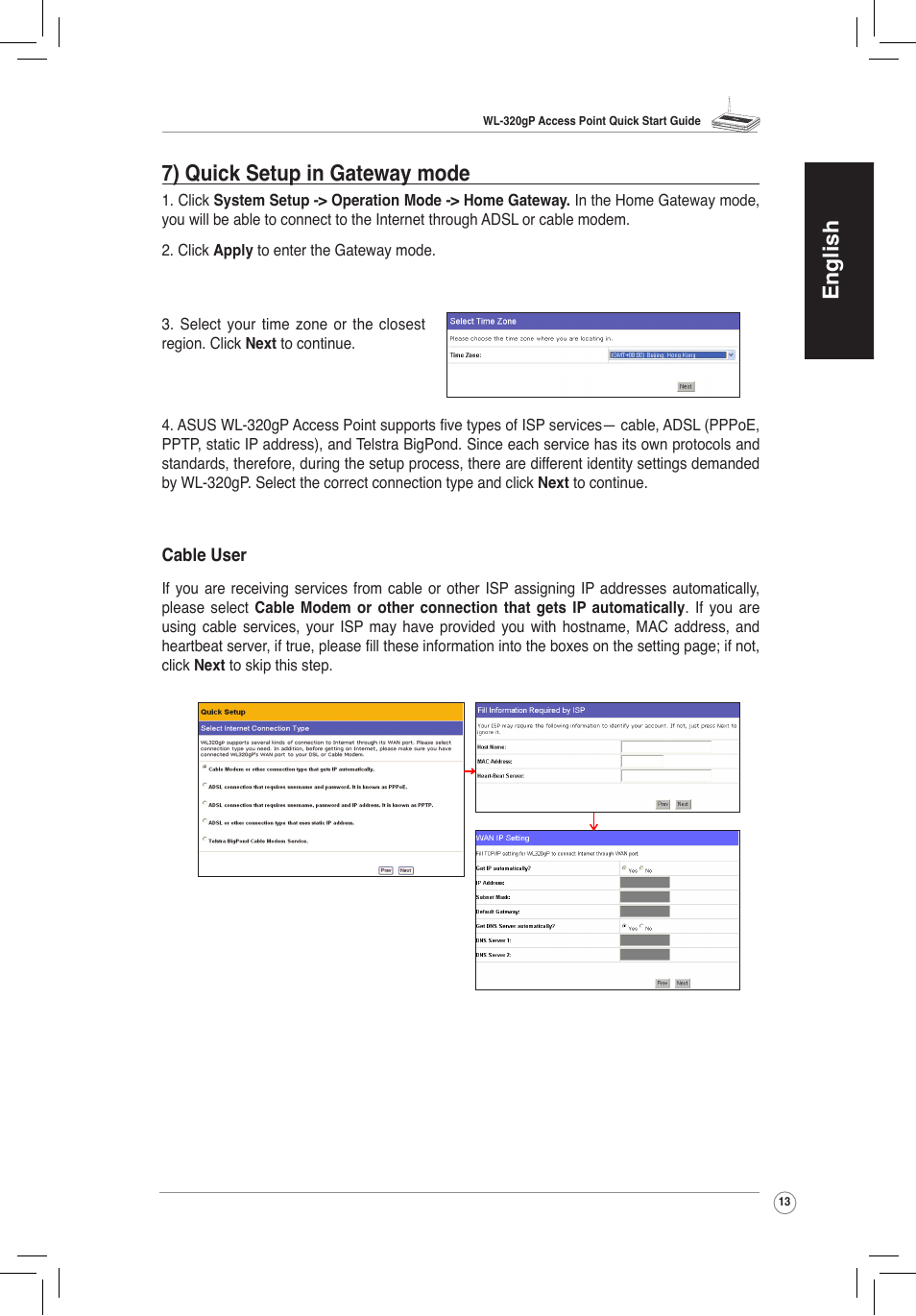 English 7) quick setup in gateway mo��e | Asus WL-320gP User Manual | Page 14 / 172