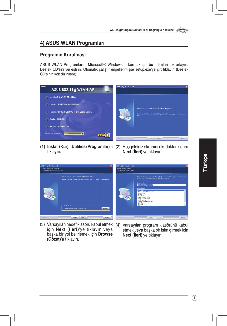 Türkçe 4) asus wlan programları | Asus WL-320gP User Manual | Page 142 / 172