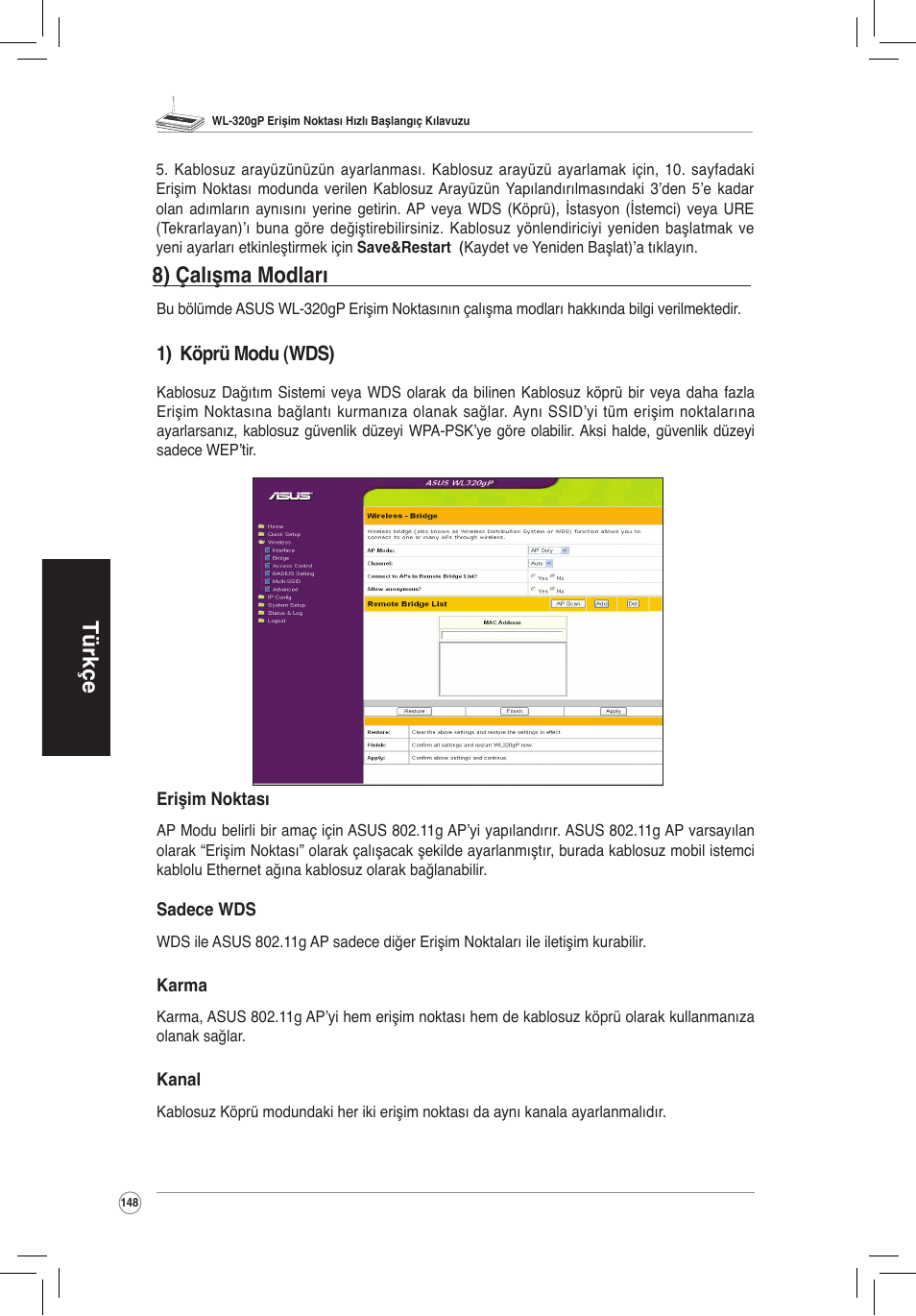 Türkçe, 8) çalışma modları | Asus WL-320gP User Manual | Page 149 / 172