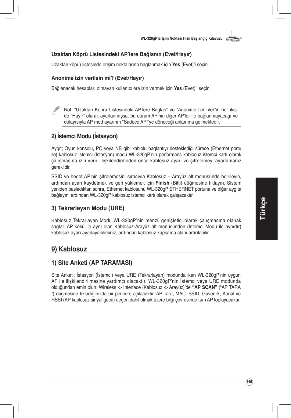 Türkçe, 9) kablosuz | Asus WL-320gP User Manual | Page 150 / 172