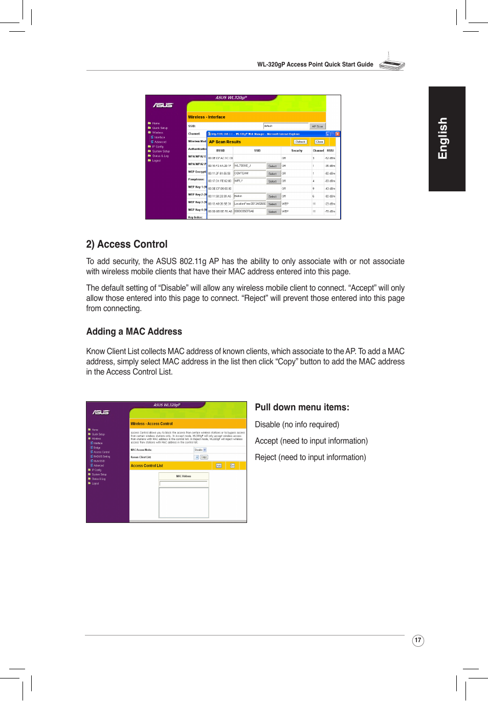 English, 2) access control | Asus WL-320gP User Manual | Page 18 / 172