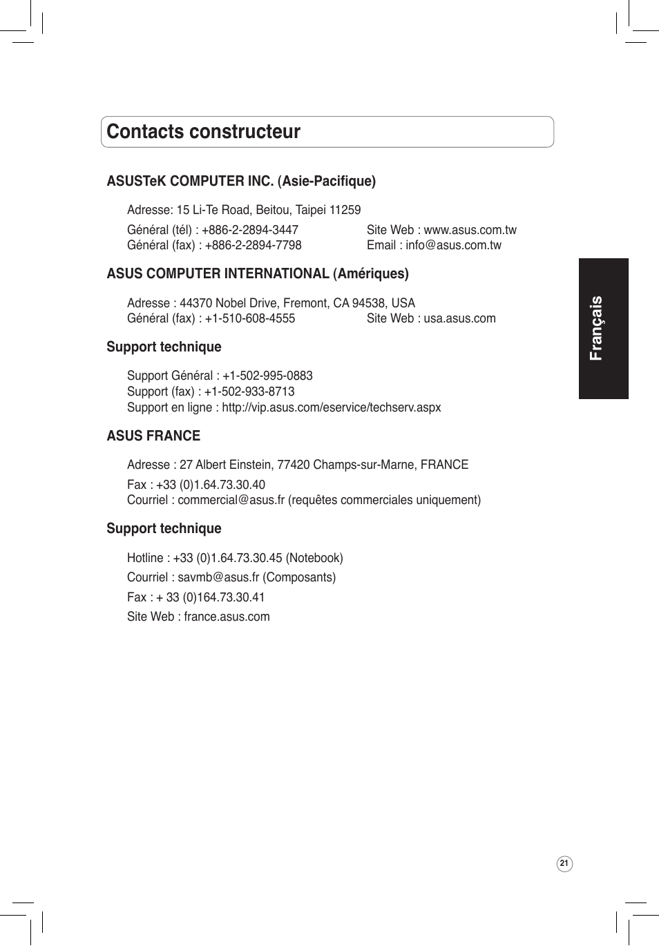 Contacts constructeur, Français | Asus WL-320gP User Manual | Page 22 / 172
