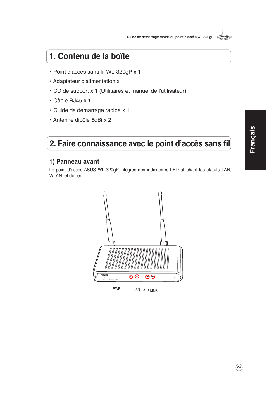 Français 1) panneau avant | Asus WL-320gP User Manual | Page 24 / 172