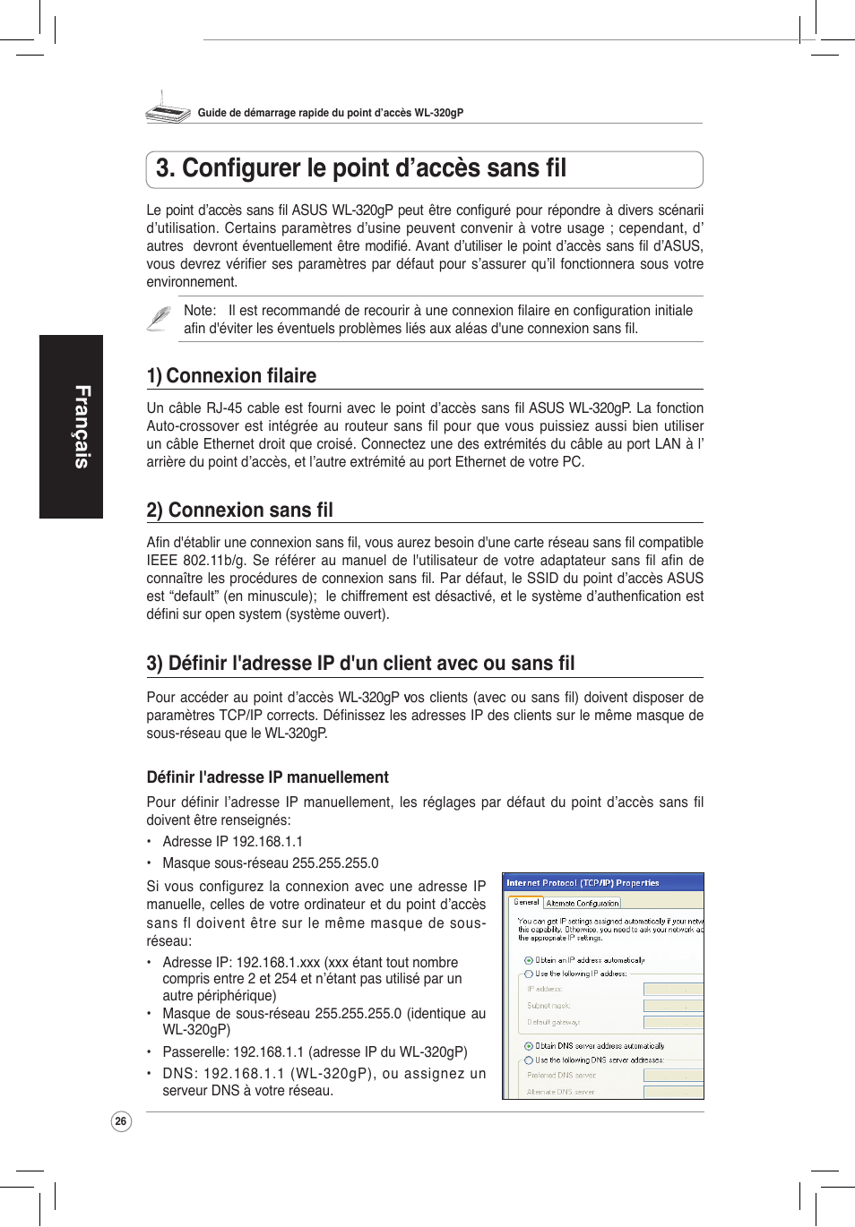 Configurer le point d’accès sans fil, Français, 1) connexion filaire | 2) connexion sans fil | Asus WL-320gP User Manual | Page 27 / 172