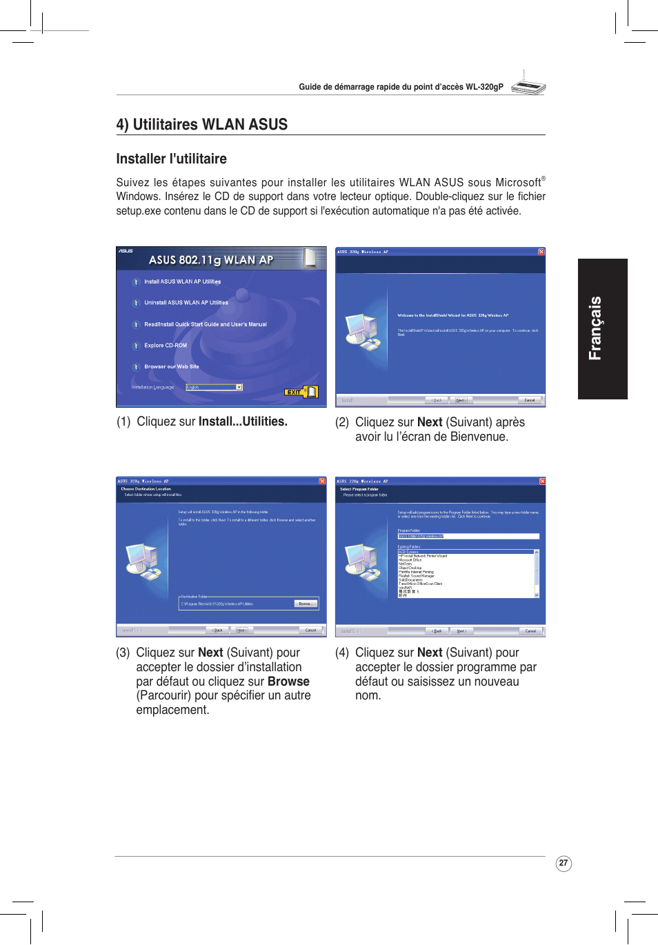 Français, 4) utilitaires wlan asus | Asus WL-320gP User Manual | Page 28 / 172