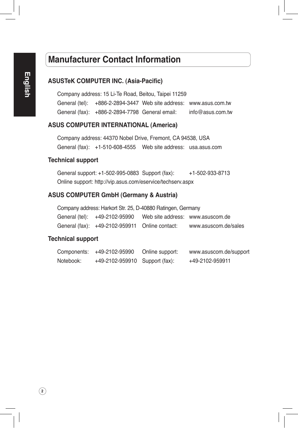 Manufacturer contact information, English | Asus WL-320gP User Manual | Page 3 / 172