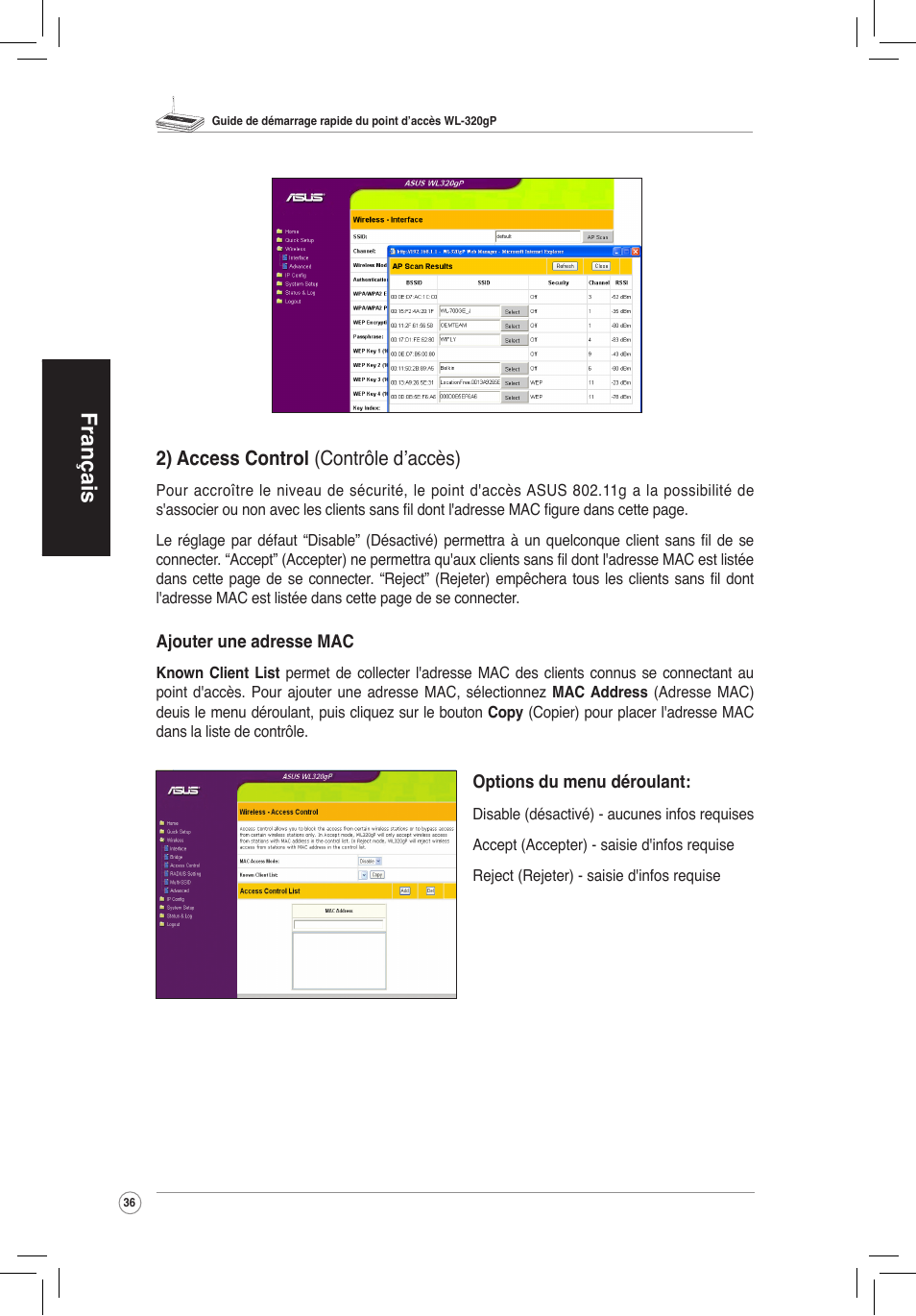 Français, 2) access control (contrôle d’accès) | Asus WL-320gP User Manual | Page 37 / 172