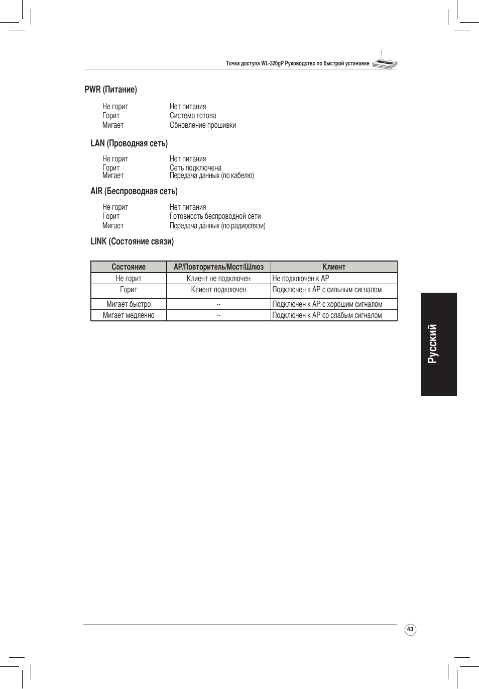 Русский | Asus WL-320gP User Manual | Page 44 / 172