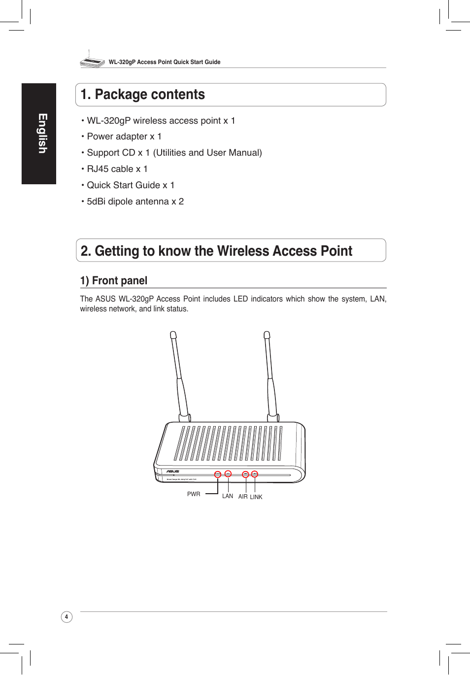 Package contents, Getting to know the wireless access point, 1).front.panel | English 1) front panel | Asus WL-320gP User Manual | Page 5 / 172
