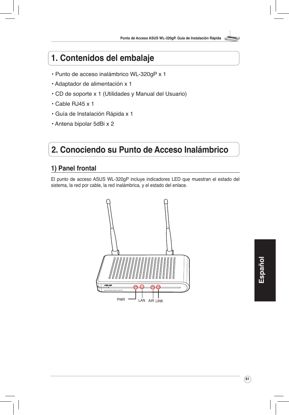 Español 1) panel frontal | Asus WL-320gP User Manual | Page 62 / 172