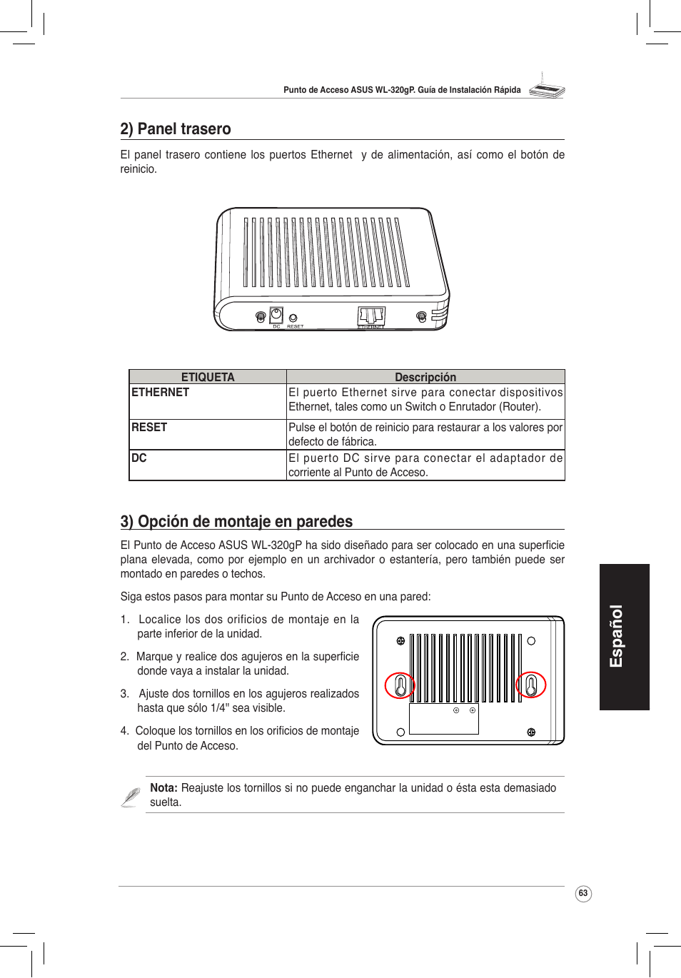 Español 3) opción de montaje en paredes, 2) panel trasero | Asus WL-320gP User Manual | Page 64 / 172