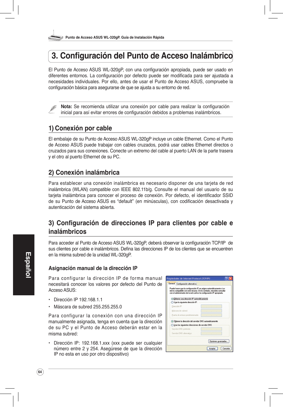 Configuración del punto de acceso inalámbrico, Español, 1) conexión por cable | 2) conexión inalámbrica | Asus WL-320gP User Manual | Page 65 / 172