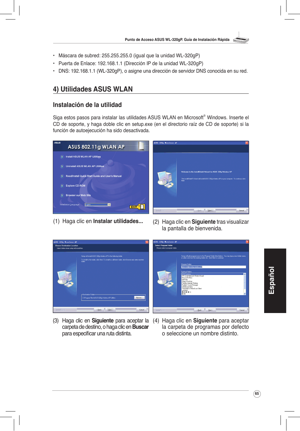 Español, 4) utilidades asus wlan | Asus WL-320gP User Manual | Page 66 / 172