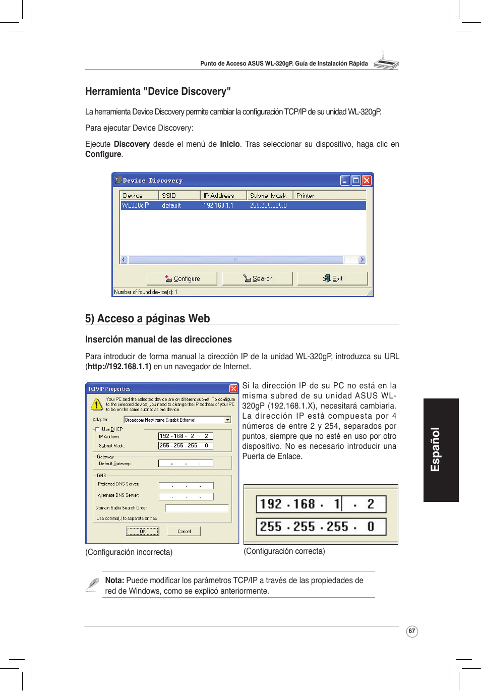 Español, 5) acceso a páginas web, Herramienta "device discovery | Asus WL-320gP User Manual | Page 68 / 172