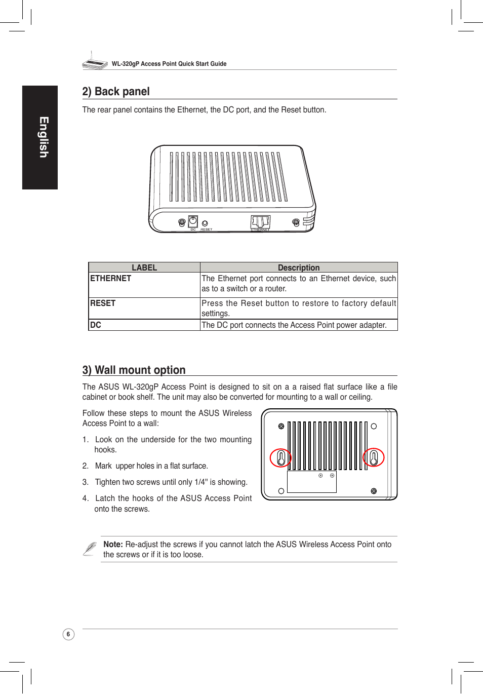 English 3) wall mount option, 2) back panel | Asus WL-320gP User Manual | Page 7 / 172