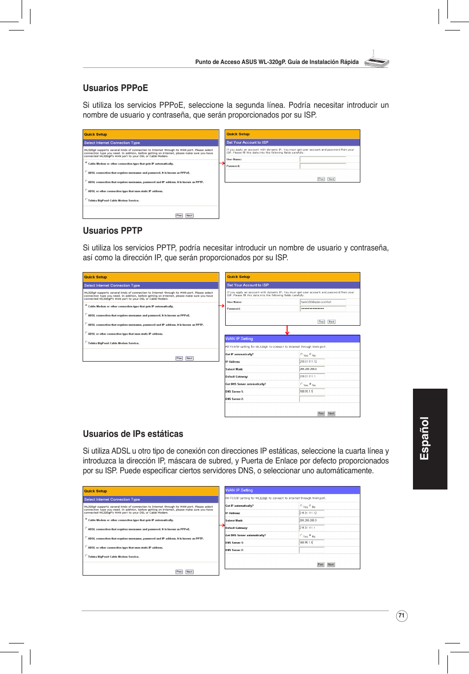 Español | Asus WL-320gP User Manual | Page 72 / 172