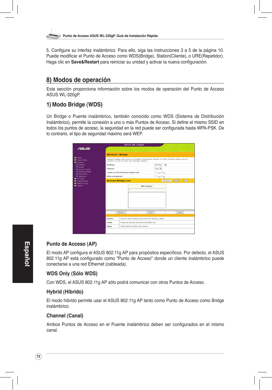 Español, 8) modos de operación | Asus WL-320gP User Manual | Page 73 / 172