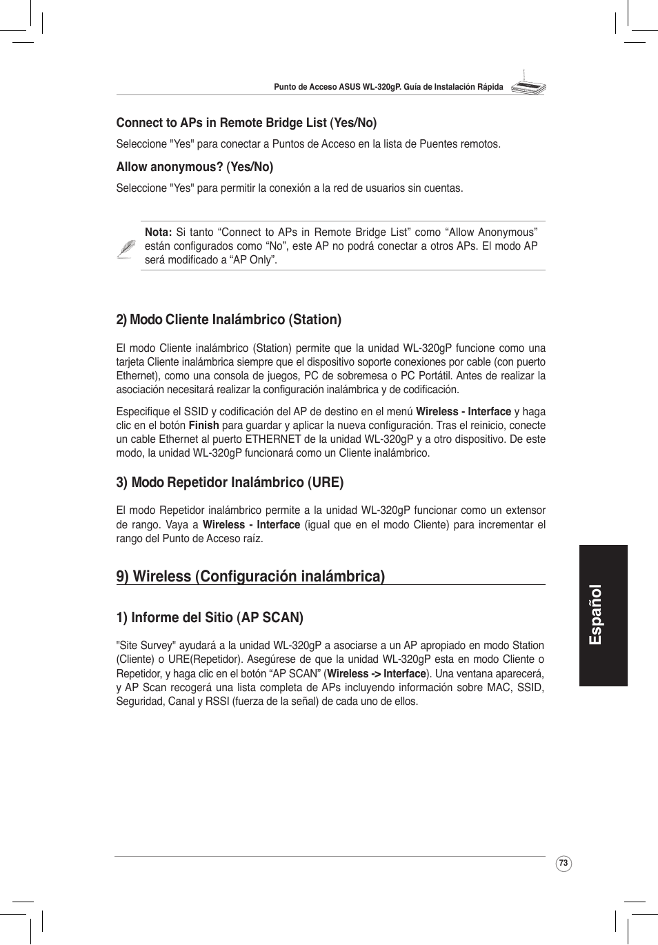 Español, 9) wireless (configuración inalámbrica) | Asus WL-320gP User Manual | Page 74 / 172