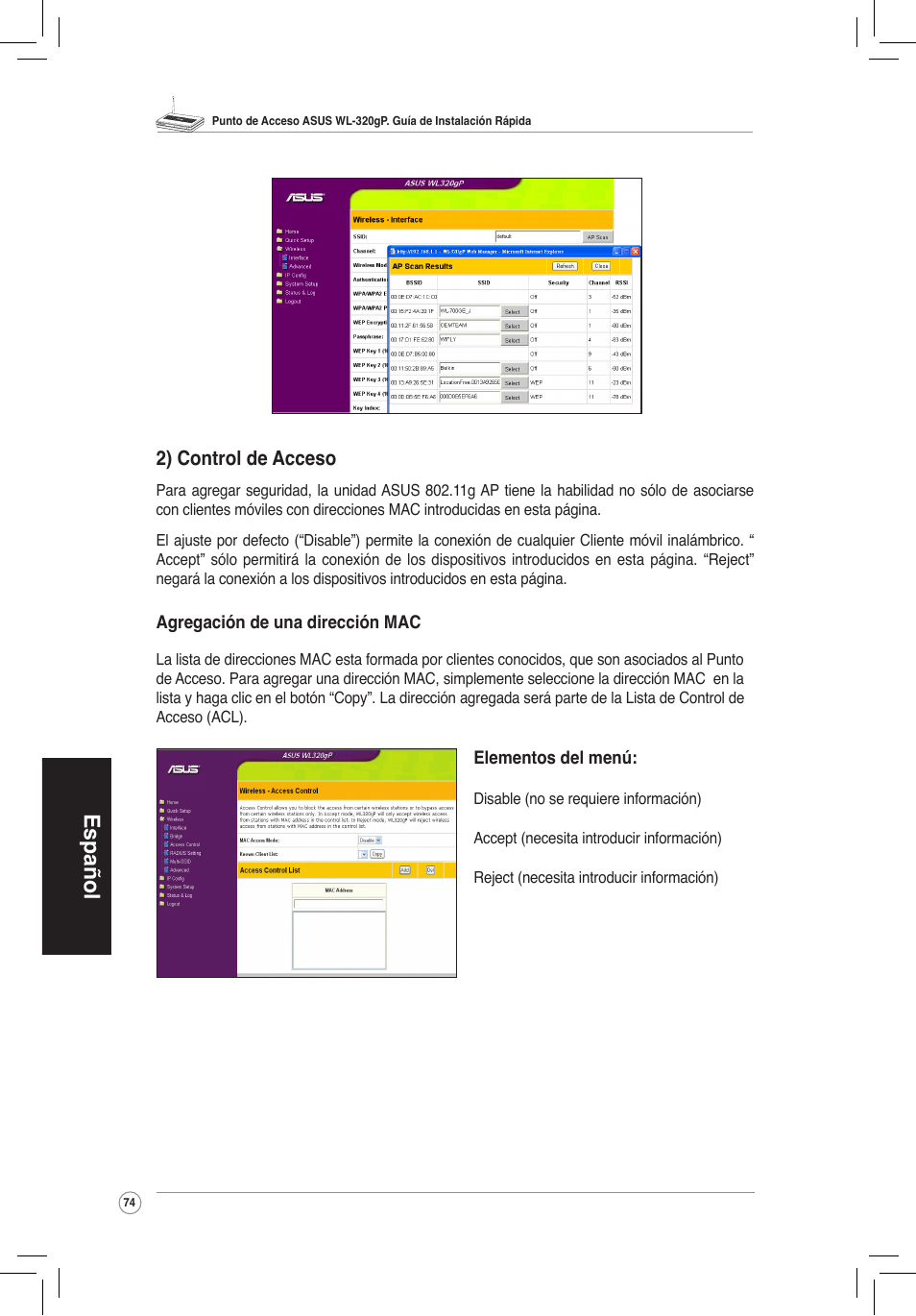 Español, 2) control de acceso | Asus WL-320gP User Manual | Page 75 / 172