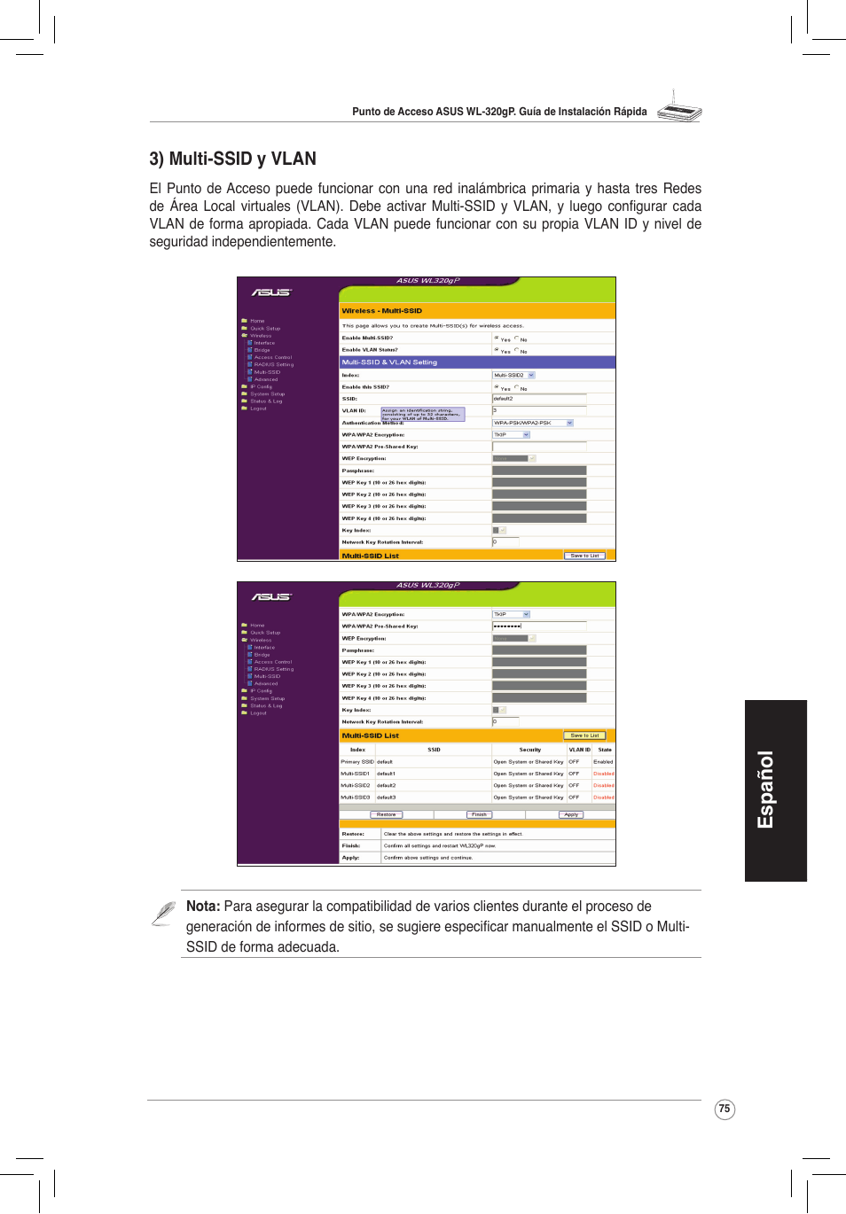 Español, 3) multi-ssid y vlan | Asus WL-320gP User Manual | Page 76 / 172