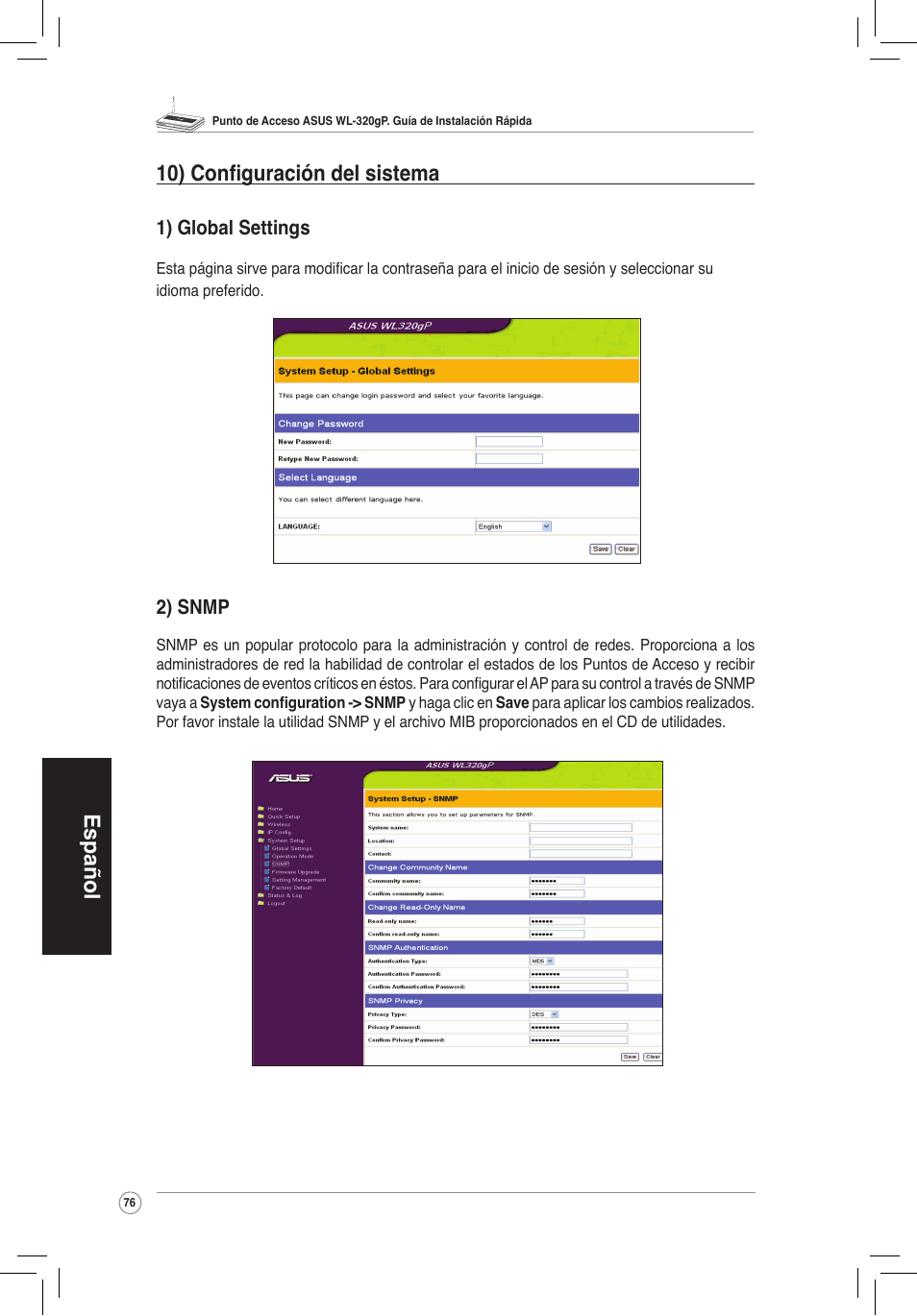 Español 10) configuración del sistema | Asus WL-320gP User Manual | Page 77 / 172