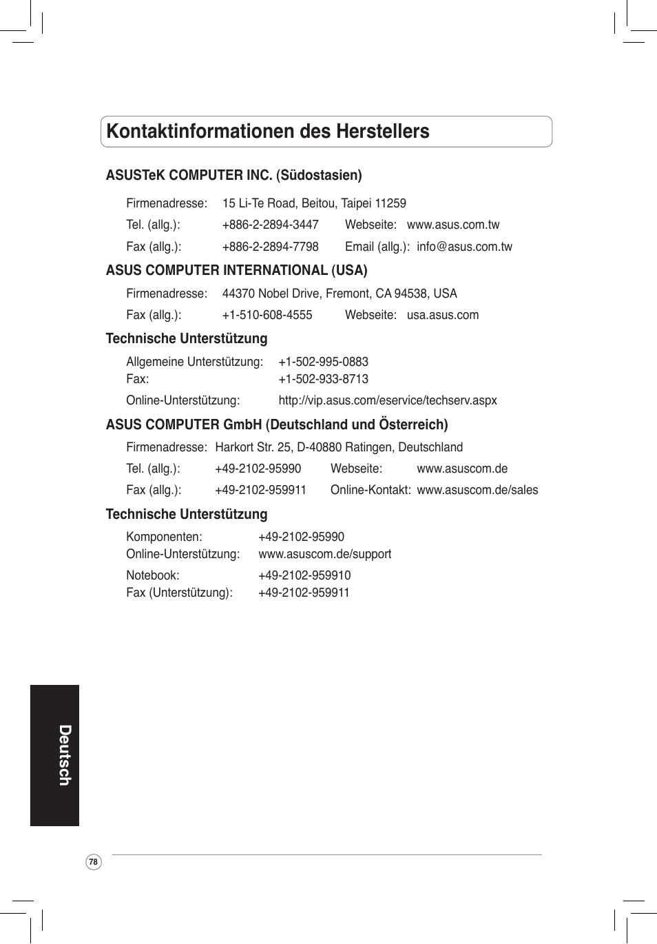 Kontaktinformationen des herstellers, Deutsch | Asus WL-320gP User Manual | Page 79 / 172