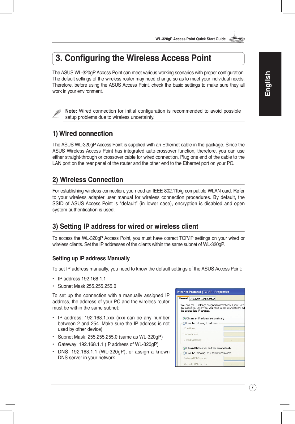 Configuring the wireless access point, 1).wired.connection, 2).wireless.connection | 3).setting.ip.address.for.wired.or.wireless.client, 6).q, English, 1) wire�� connection ired connection, 2) wireless connection | Asus WL-320gP User Manual | Page 8 / 172