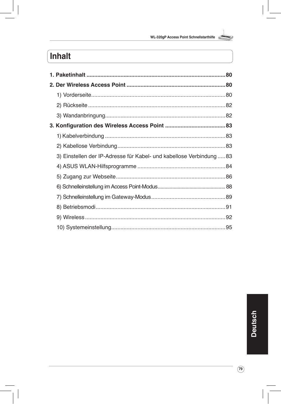 Inhalt, Deutsch | Asus WL-320gP User Manual | Page 80 / 172