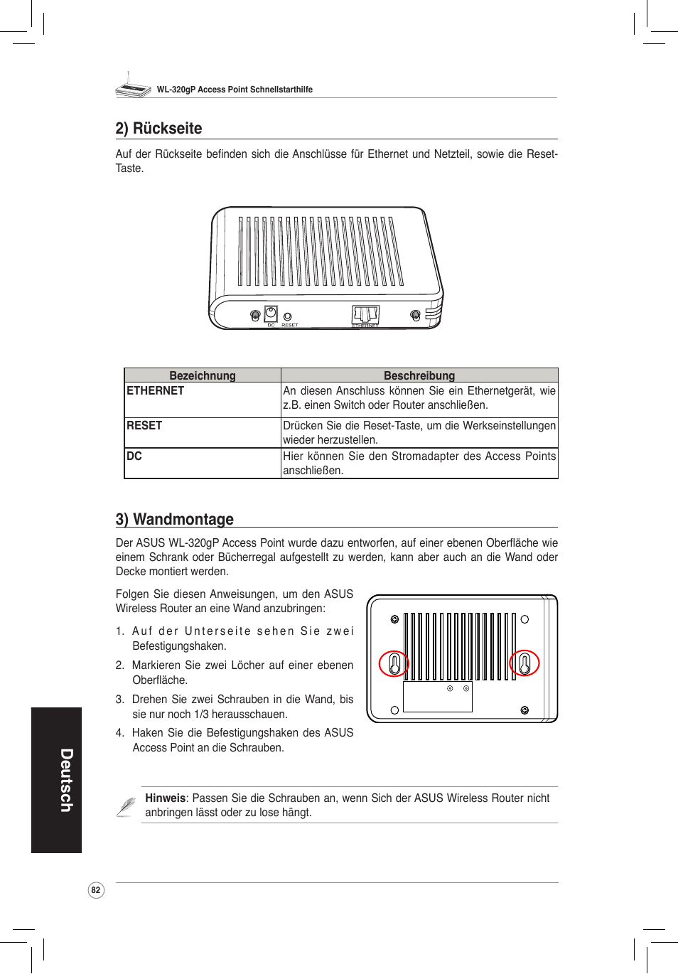 Deutsch 3) wandmontage, 2) rückseite | Asus WL-320gP User Manual | Page 83 / 172