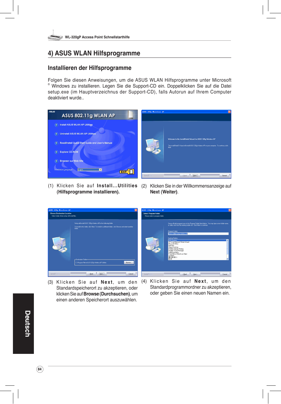 Deutsch 4) asus wlan hilfsprogramme, Installieren der hilfsprogramme | Asus WL-320gP User Manual | Page 85 / 172