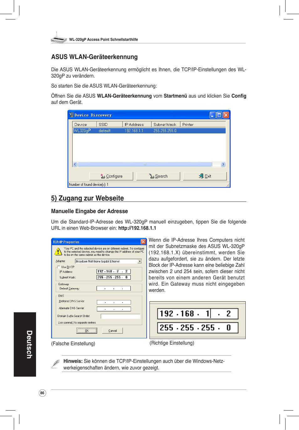 Deutsch, 5) zugang zur webseite, Asus wlan-geräteerkennung | Asus WL-320gP User Manual | Page 87 / 172