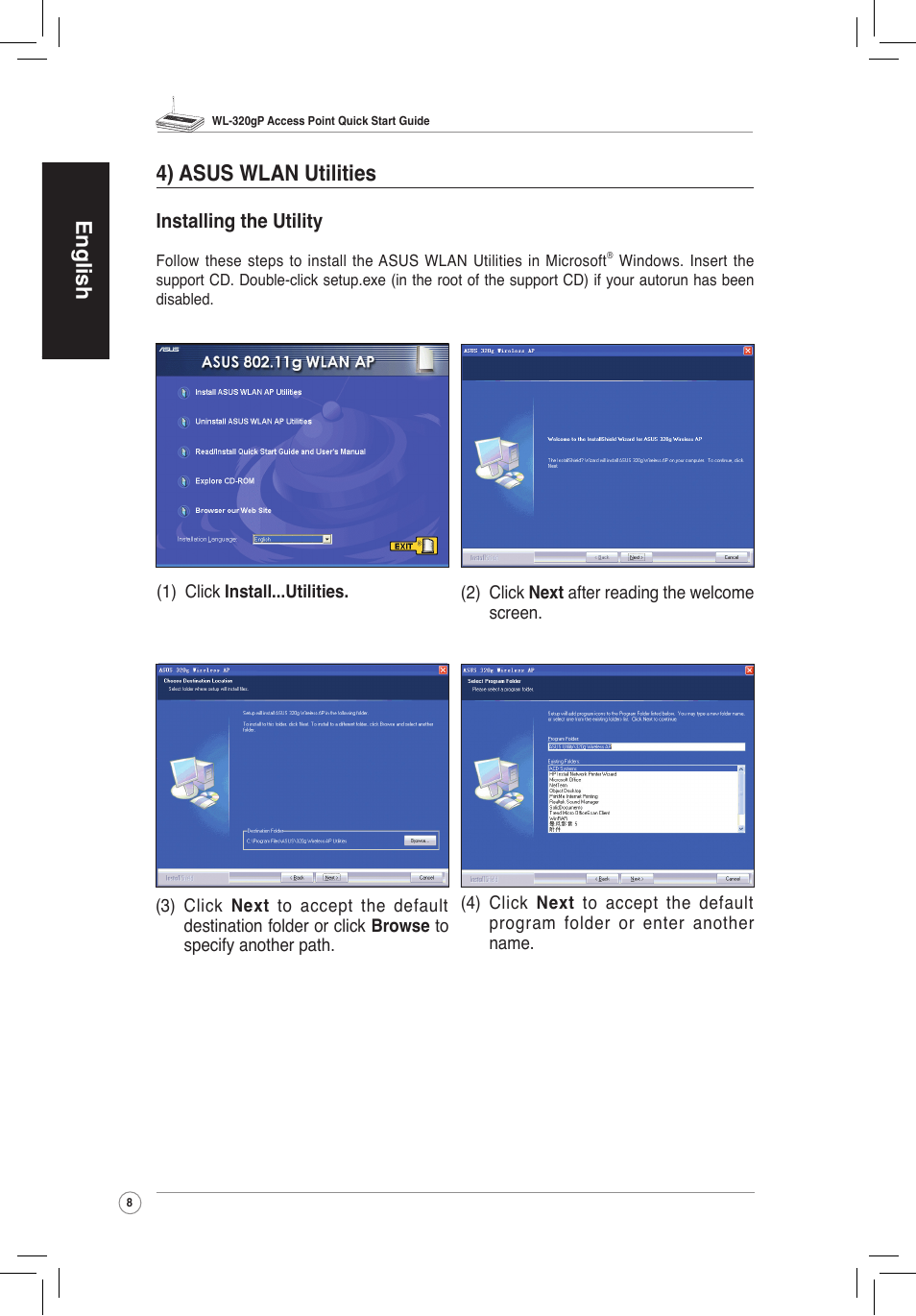 4).asus.wlan.utilities, English 4) asus wlan utilities | Asus WL-320gP User Manual | Page 9 / 172