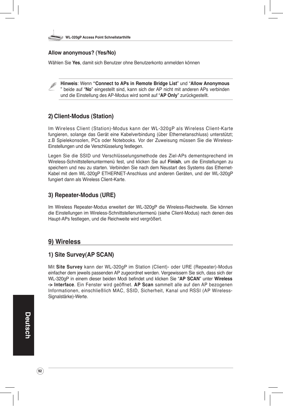 Deutsch, 9) wireless | Asus WL-320gP User Manual | Page 93 / 172