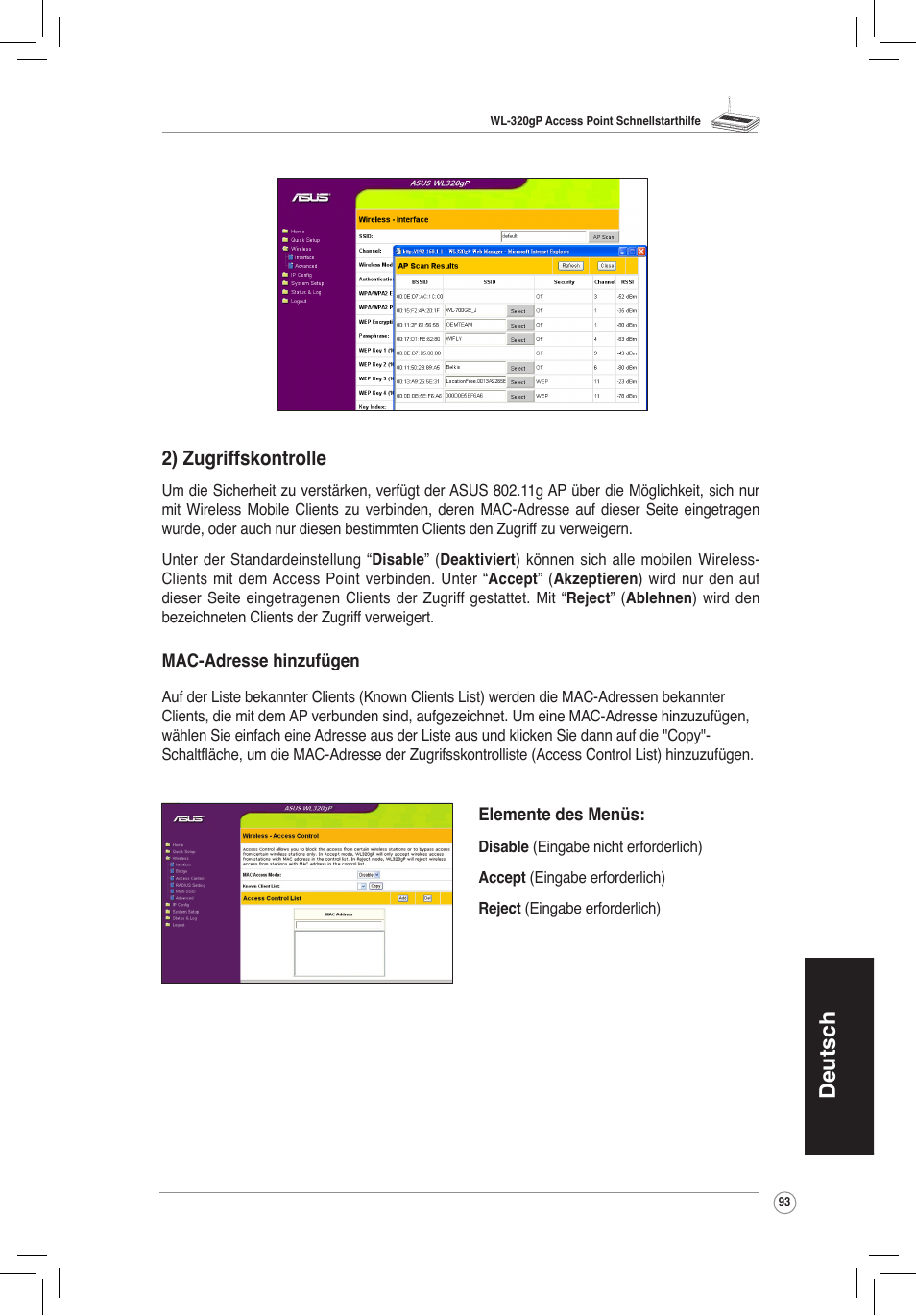 Deutsch, 2) zugriffskontrolle | Asus WL-320gP User Manual | Page 94 / 172