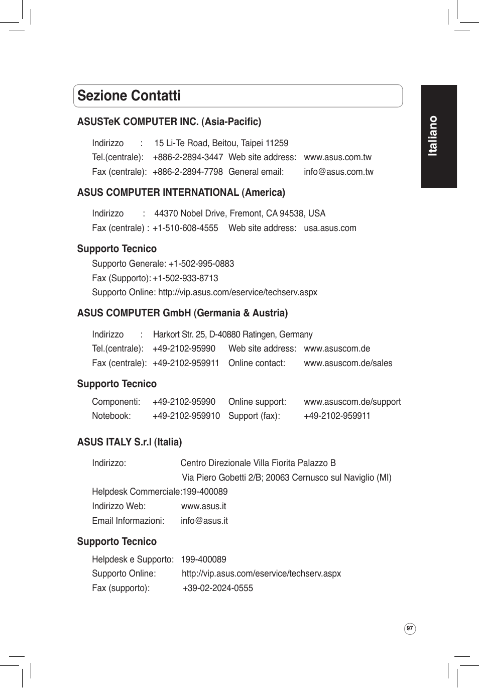 Sezione contatti, Italiano | Asus WL-320gP User Manual | Page 98 / 172