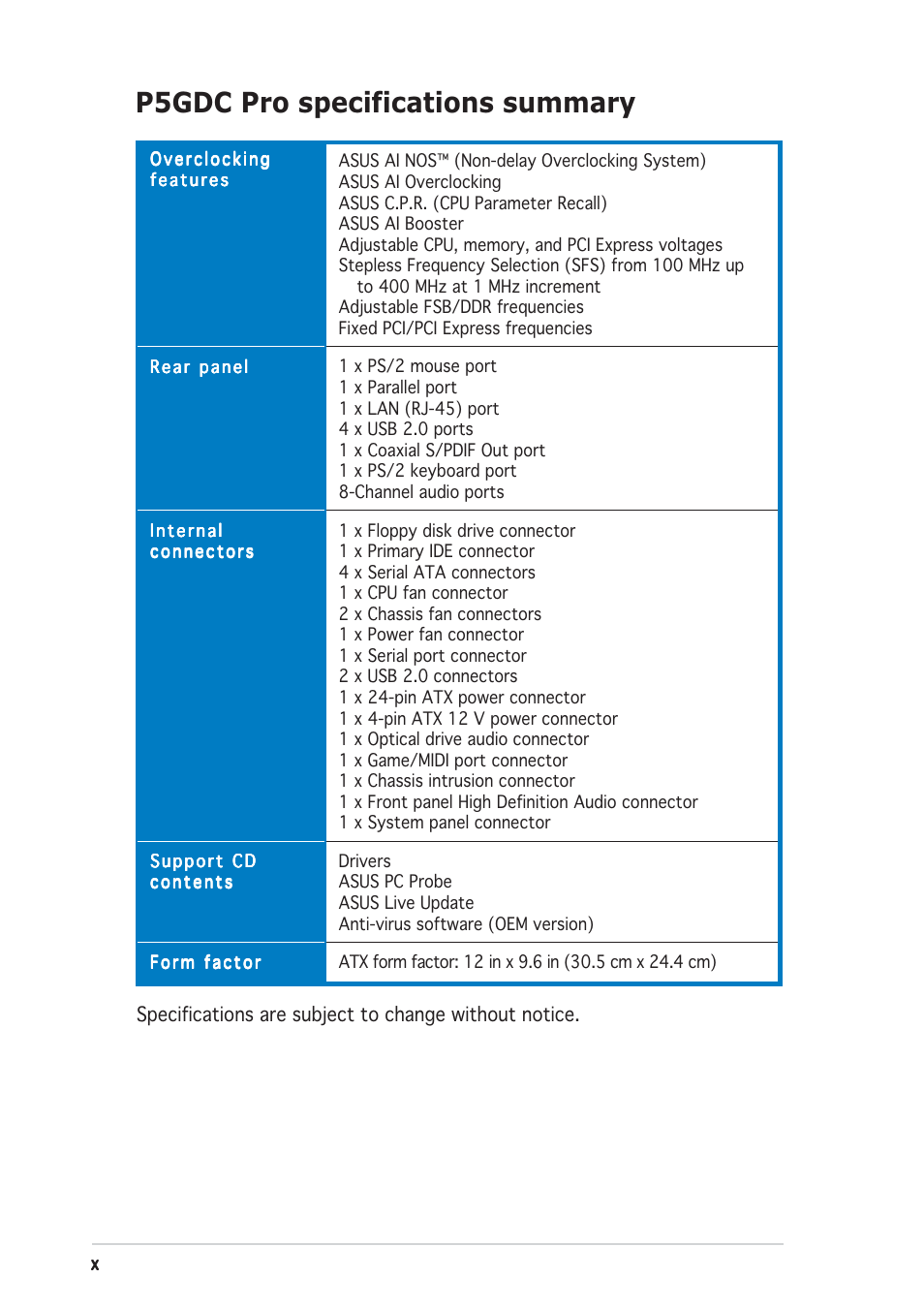 P5gdc pro specifications summary | Asus P5GDC Pro User Manual | Page 10 / 130