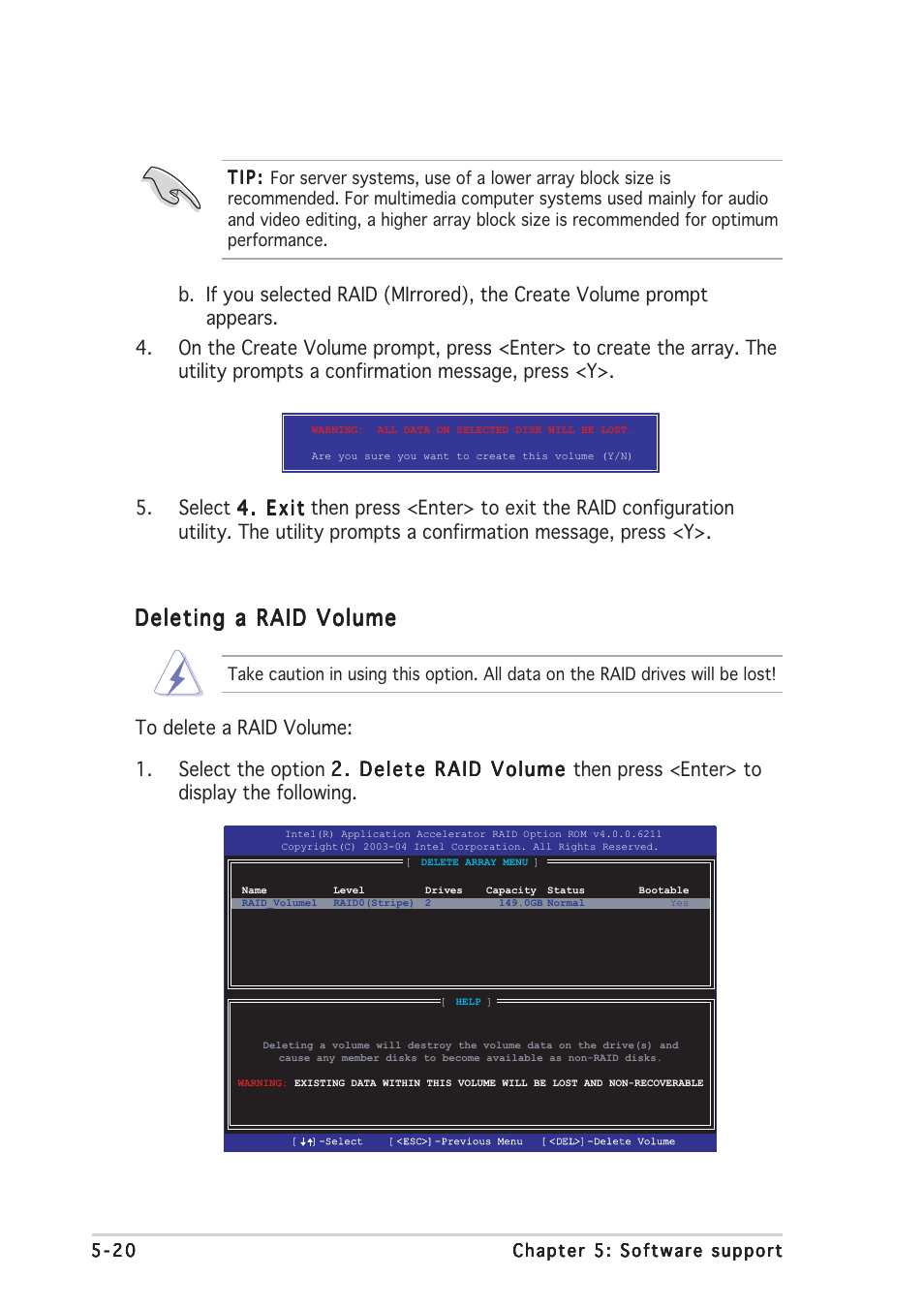 Deleting a raid volume | Asus P5GDC Pro User Manual | Page 128 / 130
