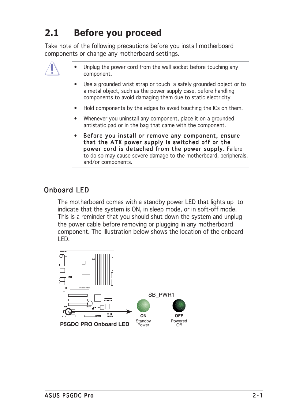 1 before you proceed, Onboard led | Asus P5GDC Pro User Manual | Page 21 / 130